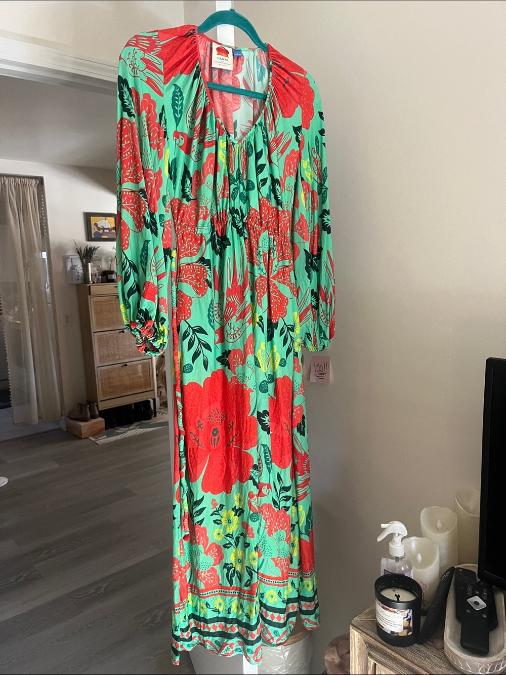 FARM Rio Mint Green Maxi Dress with Bold Red Floral Print
